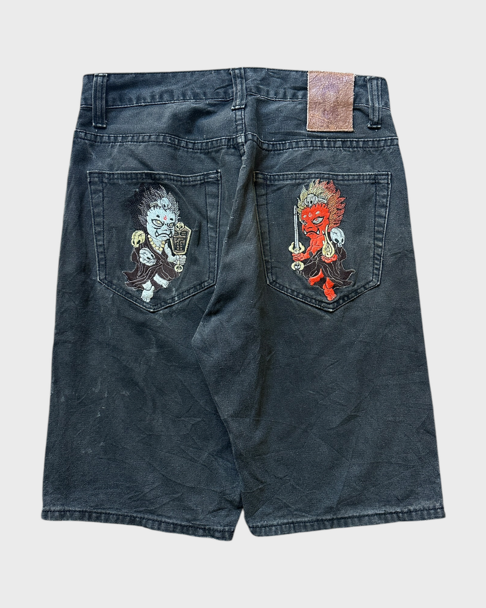 00s nippon blue embroidered denim jorts - 32”